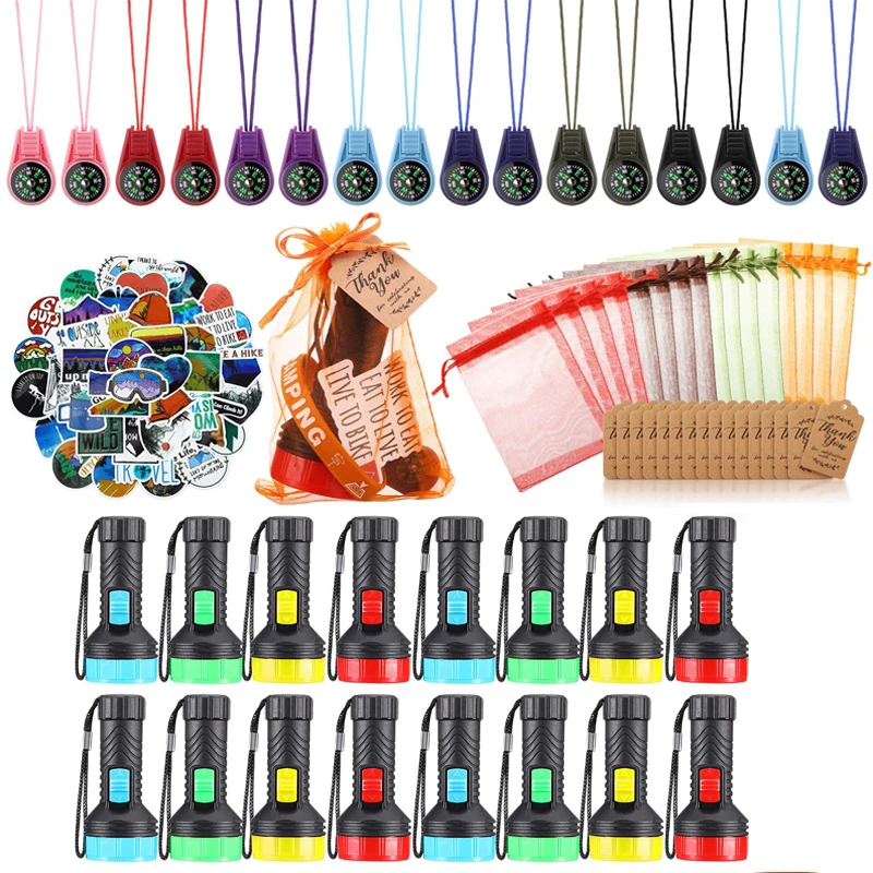 

98 шт., сувениры для кемпинга, вечеринки в счастливом кемпере, мини-компас, фонарик, наклейки, сумка, бирка, приключение, друг, день рождения