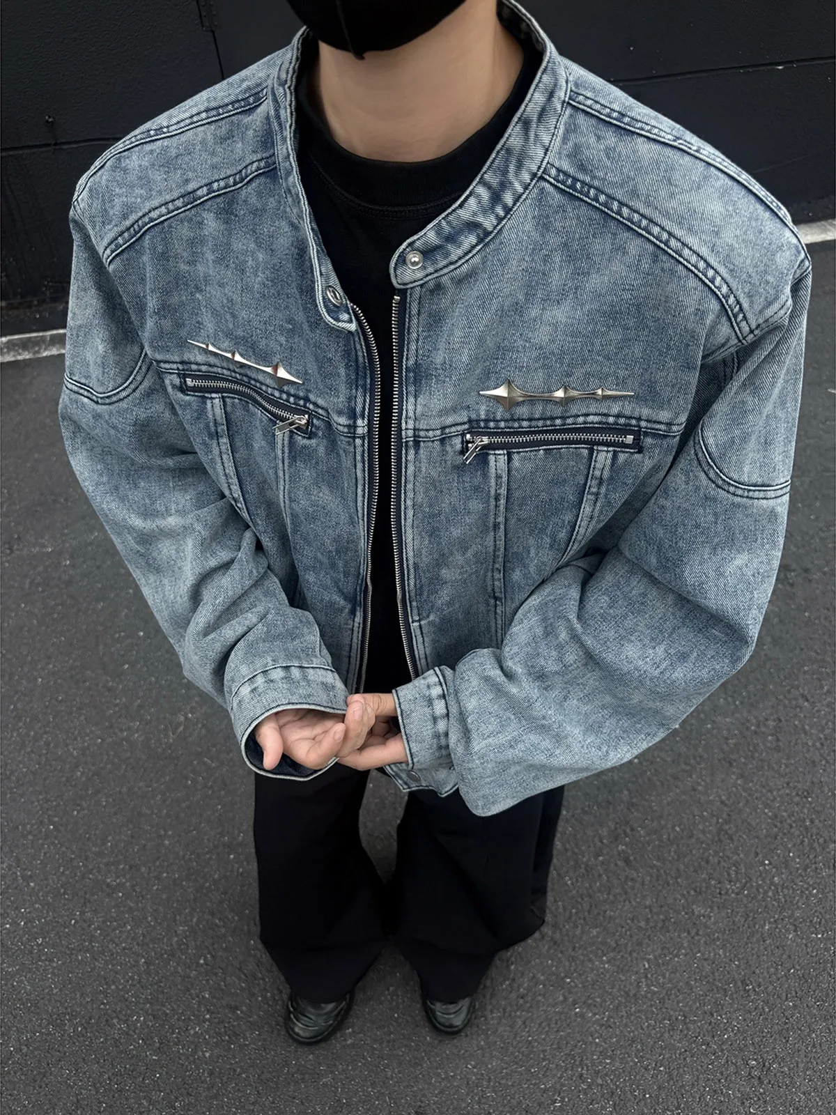 

Retro Short Shoulder Pad Denim Jacket Men's High-End CleanFit Zipper Jacket American Style Stand Collar Spring Autumn