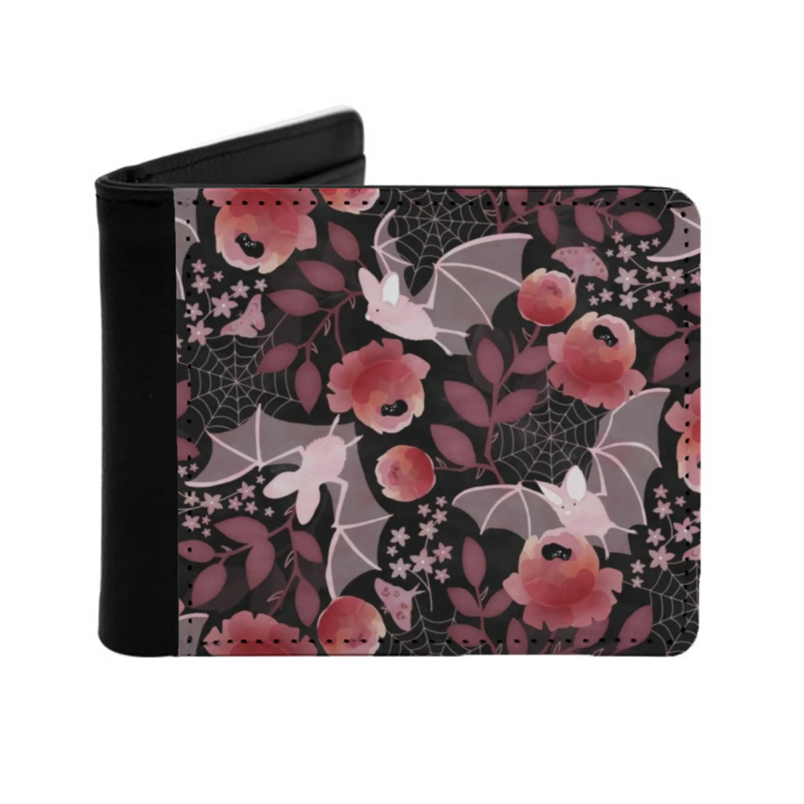 

Pastel Bat Floral Black Background Men's Wallet Pu Leather Wallet Multifunction Credit Card Purse Gothic Nature Bats Moth