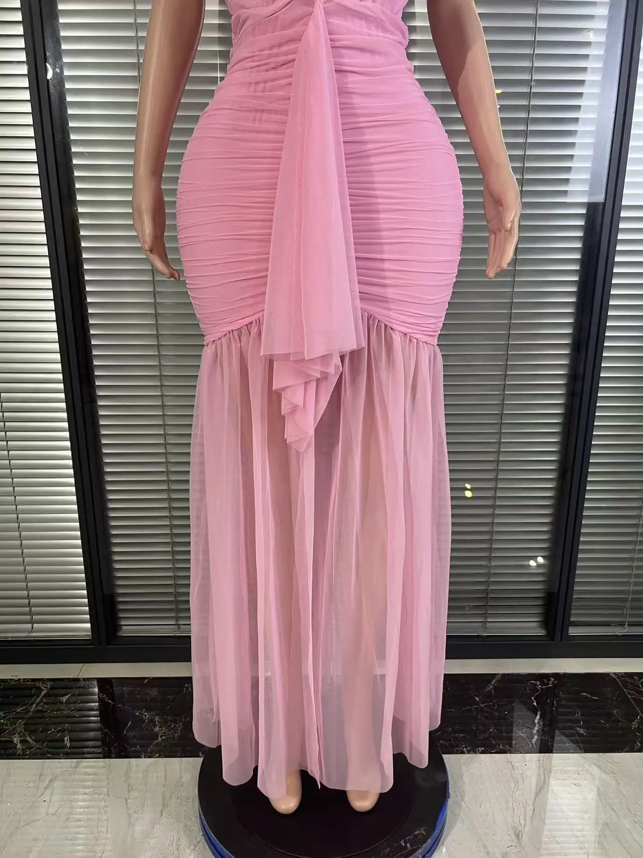 Pink Flower Birthday Concert Performance Clothing Off the Shoulder Cut Out Mesh Sequin Dresses Women Party Night Club outfit