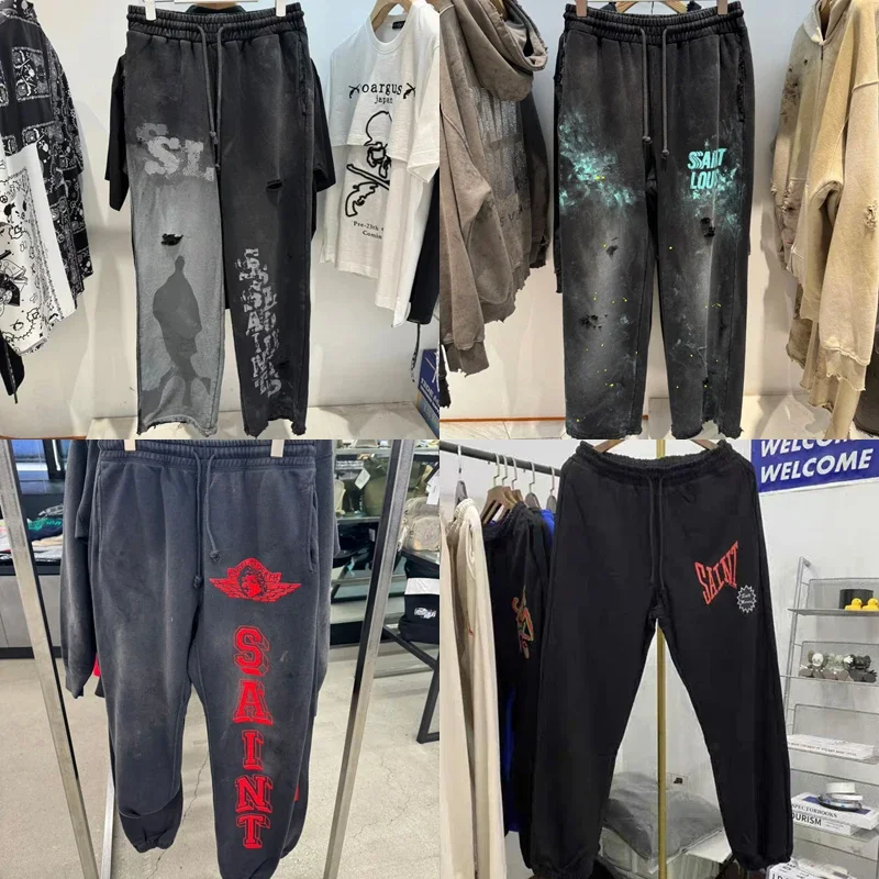 High Quality SAINT Sweatpants Dirty Old Graffiti Letter Print Straight-leg Pants Men Women Loose Fashion Saint Casual Trousers