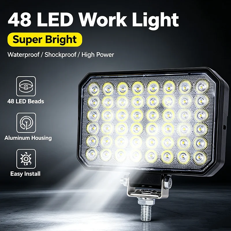 1PC 5 Inch Vehicle Work Light Super Bright 12V-60V 48LED Flood Beam Offroad Driving Fog Lamp for Excavator Truck Tractor ATV UTV