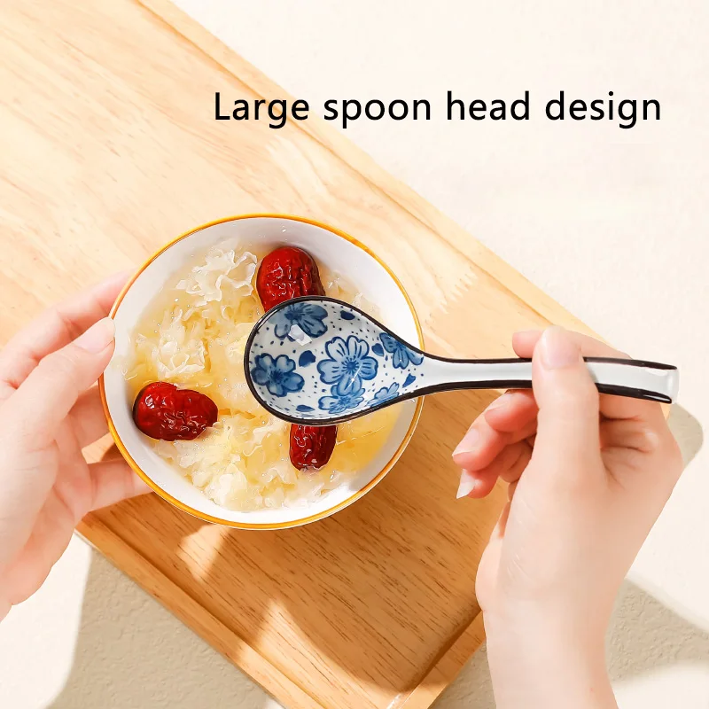 8Pcs Retro Ceramic Soup Spoon Arc Handle Grip Sensation Comfortable Household Tableware Set Japanese Style Ceramic Soup Spoon