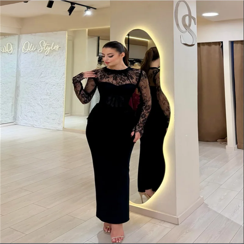 Black Prom Dresses 2026 Luxury Long Sleeves Wedding Dresses and Evening O neck Large Sizes Saudi Women's Evening Dress Customize