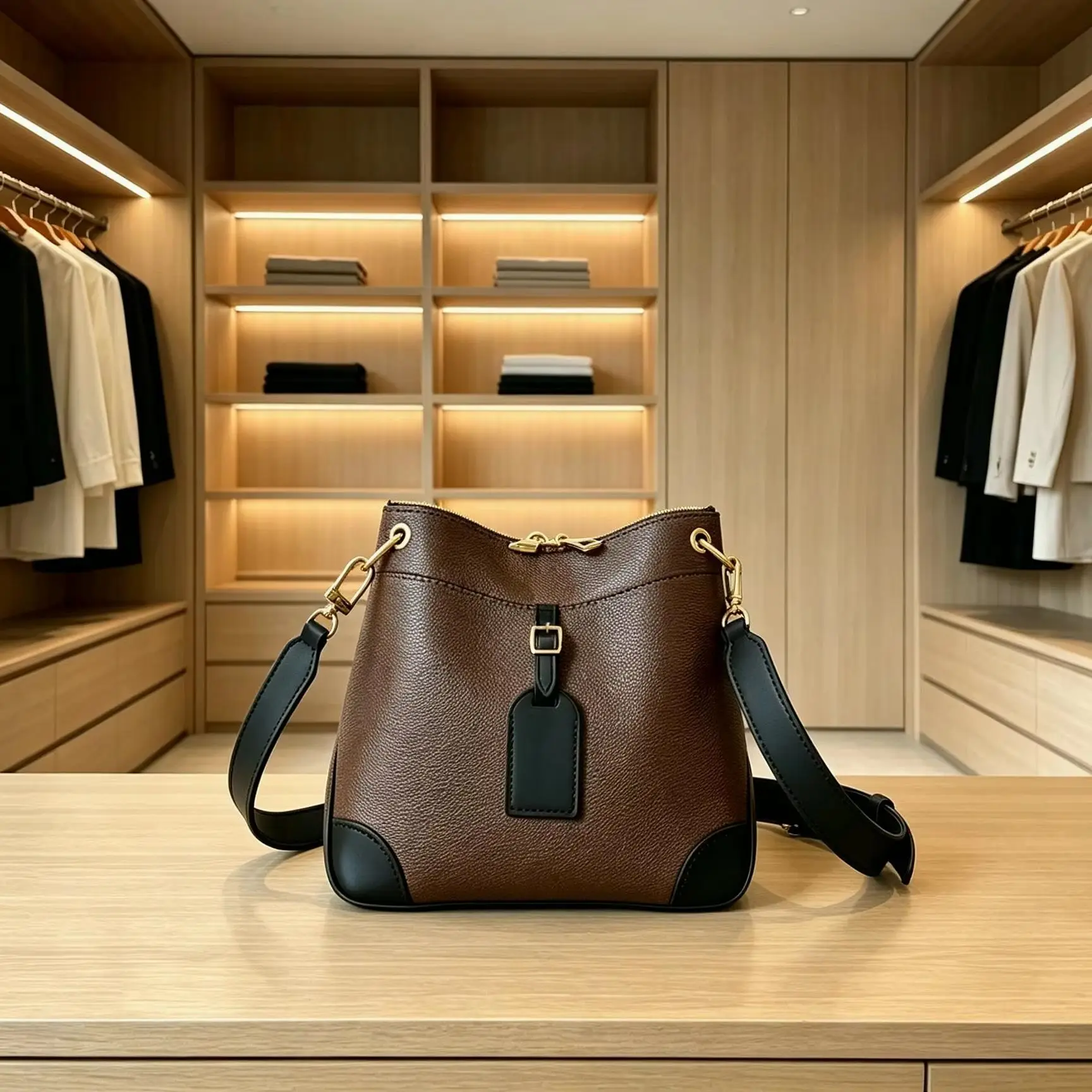 Brown Pebbled Leather Bucket Bag for Women, Two Tone Contrast Black Bottom Crossbody Shoulder Handbag