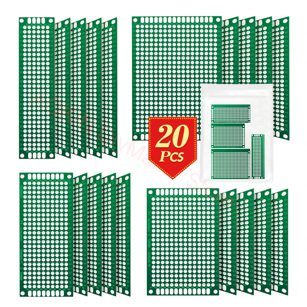 Carte de Prototypage de Circuit Imprimé Universel, Veroboard, 2x8, 3x7, 4x6, 5x7, 20 Pièces Chacun Mixte Double