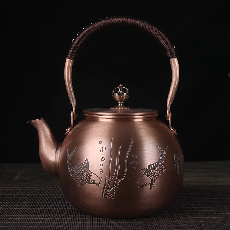 Vintage Purple Copper Boiling Kettle Carrying Beam Copper Teapot Handmade Carved Large Capacity Boiling Teapot