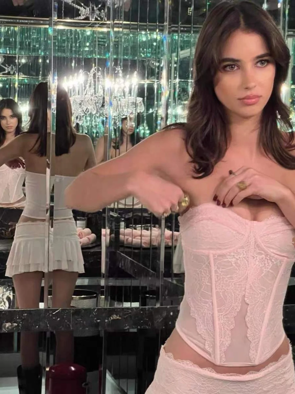 

Sexy Lace Fibone ort Skirt Set Transparent Wrap Chest ort Dr European And American Street Sle Pure Color Summ...