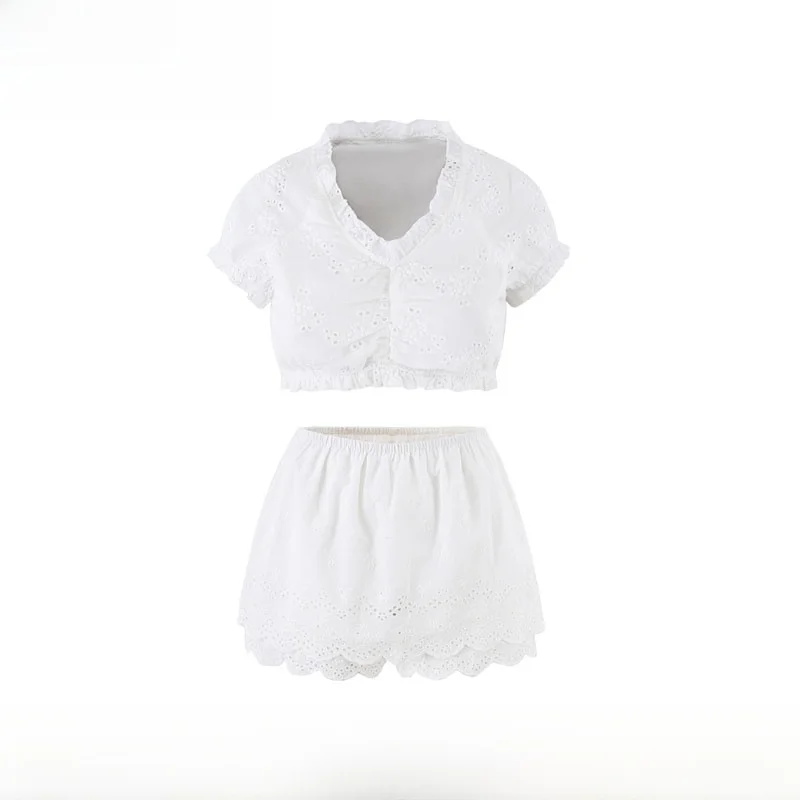 

Spring Summer New Arrival Women's Fashion Set Short Sleeve Lace Embroidery Sexy Bubble Sleeve Ultra-Short Top Skirt Two-Piece...