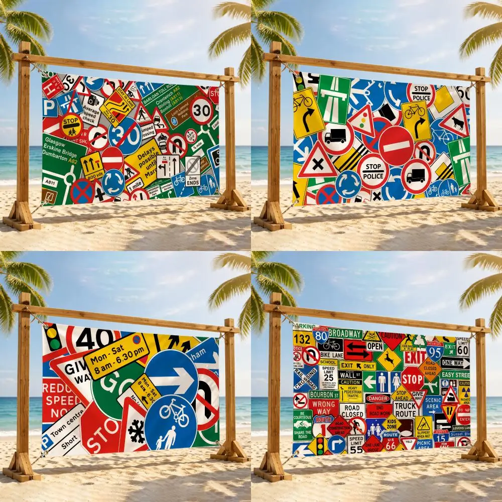 Fashion Traffic Signs Pattern Flags Flag Tapestry Outdoor Decor Flaga Decorative Home Objects Barber Shop Decoration
