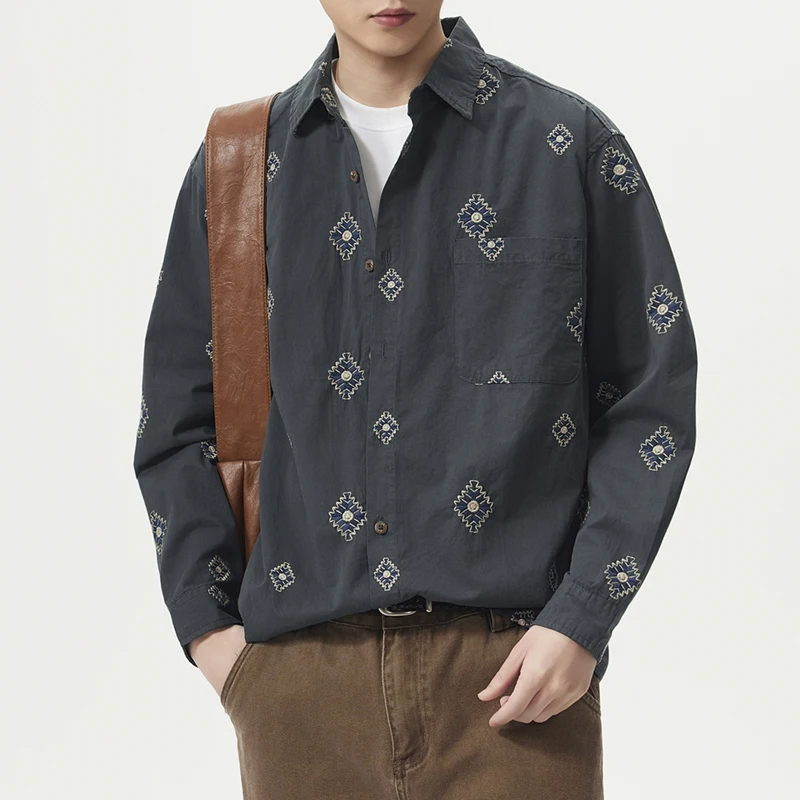 Men's Pure Cotton Embroidery Vintage Long Sleeve Loose Casual Vintage Shirt Male Commuter Korean Fashion Plus Size Shirt Blouses