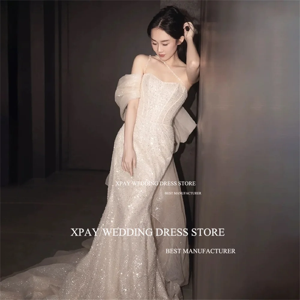 XPAY Sweetheart Champagne Korea Evening Dresses Spaghetti Beading Strap Sparkly Sequined Wedding Photo Shoot Birthday Party Gown