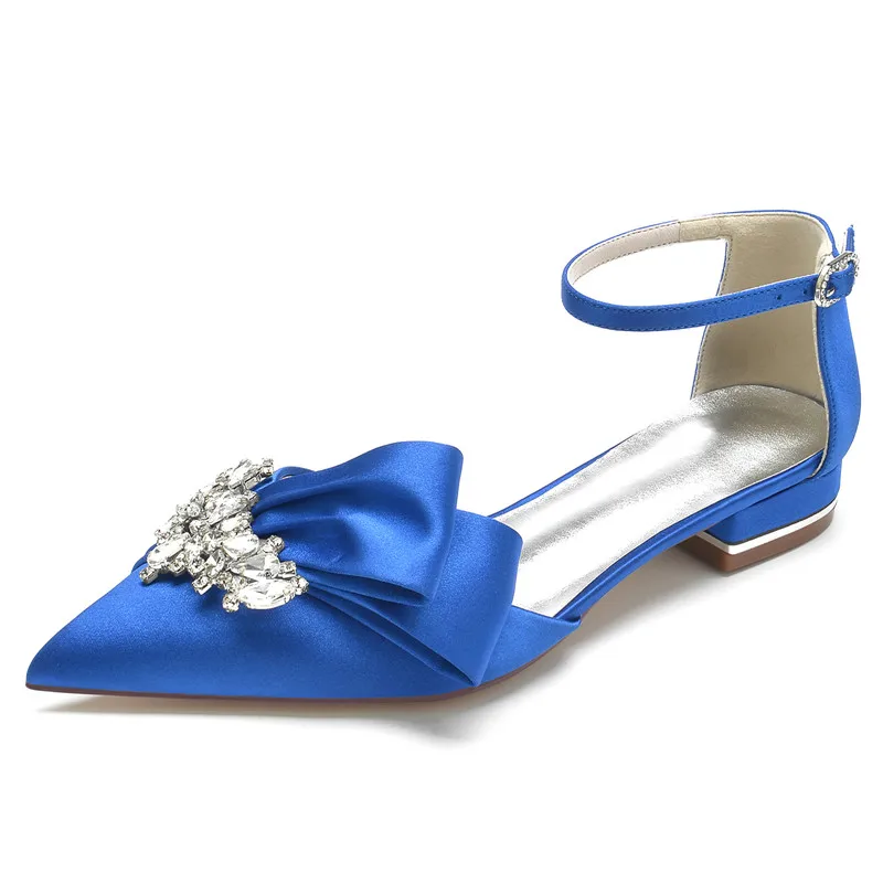 Satin Rhinestones Wedding Flats Shoes Pointed Toe Ankle Buckle Strap Women Flat Sandals for Bridesmaids/Prom/Evening