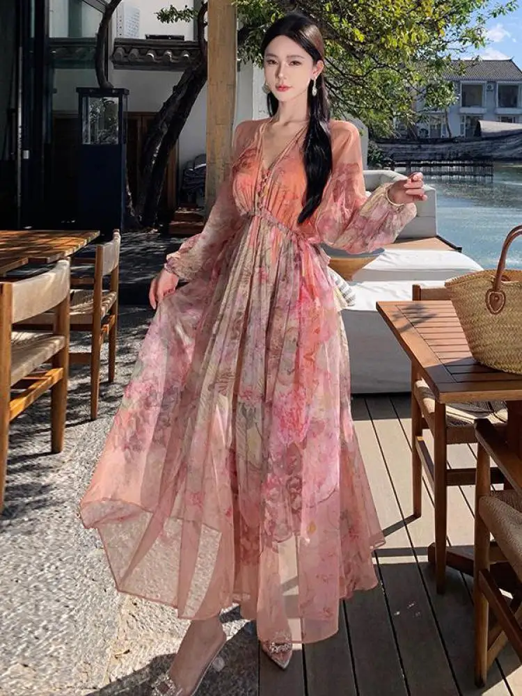 2024 Sping Autumn Bohemian Women Pink Floral V-neck Lantern Long Sleeve Waist Dress Romantic Retro High Quality