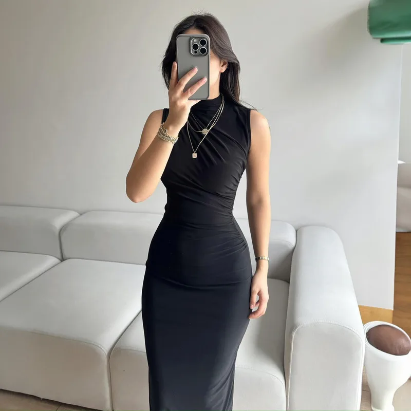 

Summer New Style Solid Color High Waist Sexy Slit Bodycon Sleeveless Long Dress Elegant Ladies Fashion Slim Fit Casual Party