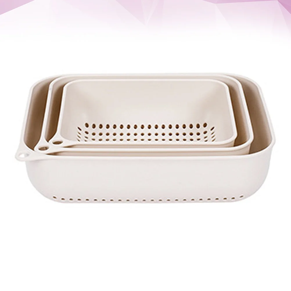 

3pcs Drain Basket For Kitchen Fruit Strainer Plastic Washing Basin Vegetable Multifunction Hollow Design Beige