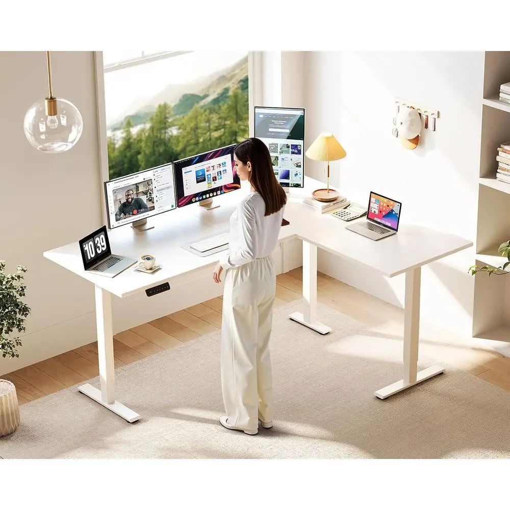63 Inch L Shaped Electric Standing Desk, Home Oice, White | Reversible Desk with Height Adjusent, Ergonomic Sit Stand Table or H