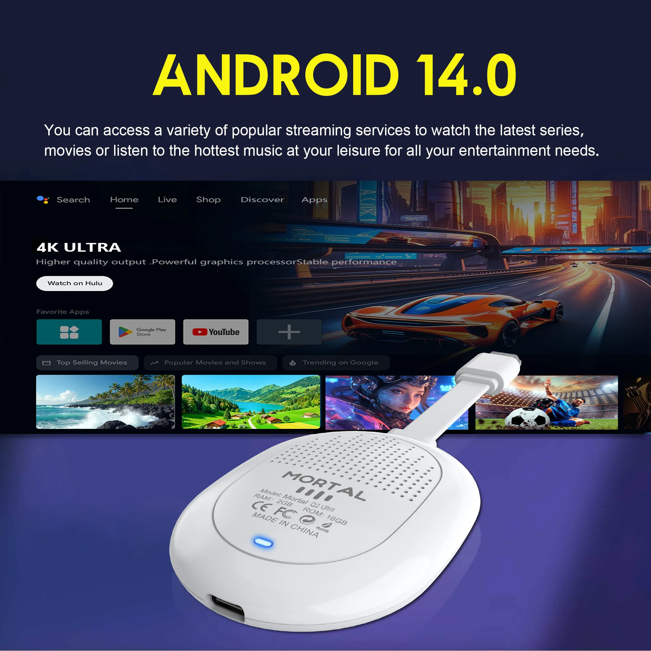 MORTAL Q2 Ultra TV Stick RK3518 Android 14 4K HD Smart Streaming Media Player with WiFi 6 BT5.0 Voice Remote Control
