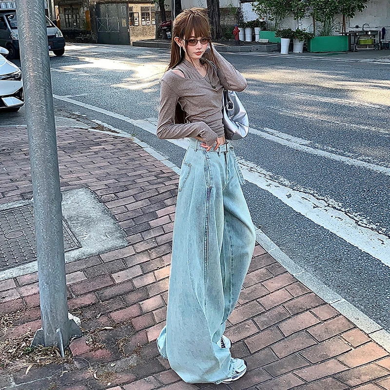 Dżinsy damskie Y2k Jasnoniebieskie Jesienne Casualowe z wysokim stanem Proste nogawki Szerokie spodnie z paskiem Modne