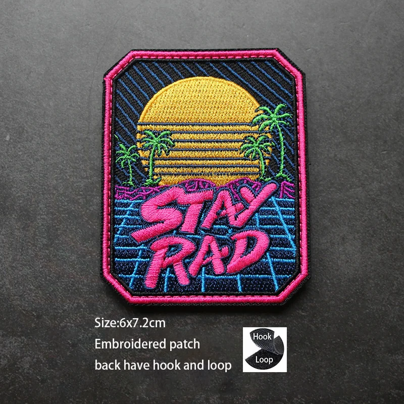 80S Retro Retro Steam Wave Style 3D Embroidery Badge Scenic Beach Sunrise Coconut Tree Armband STAY Clothing Patch Patch