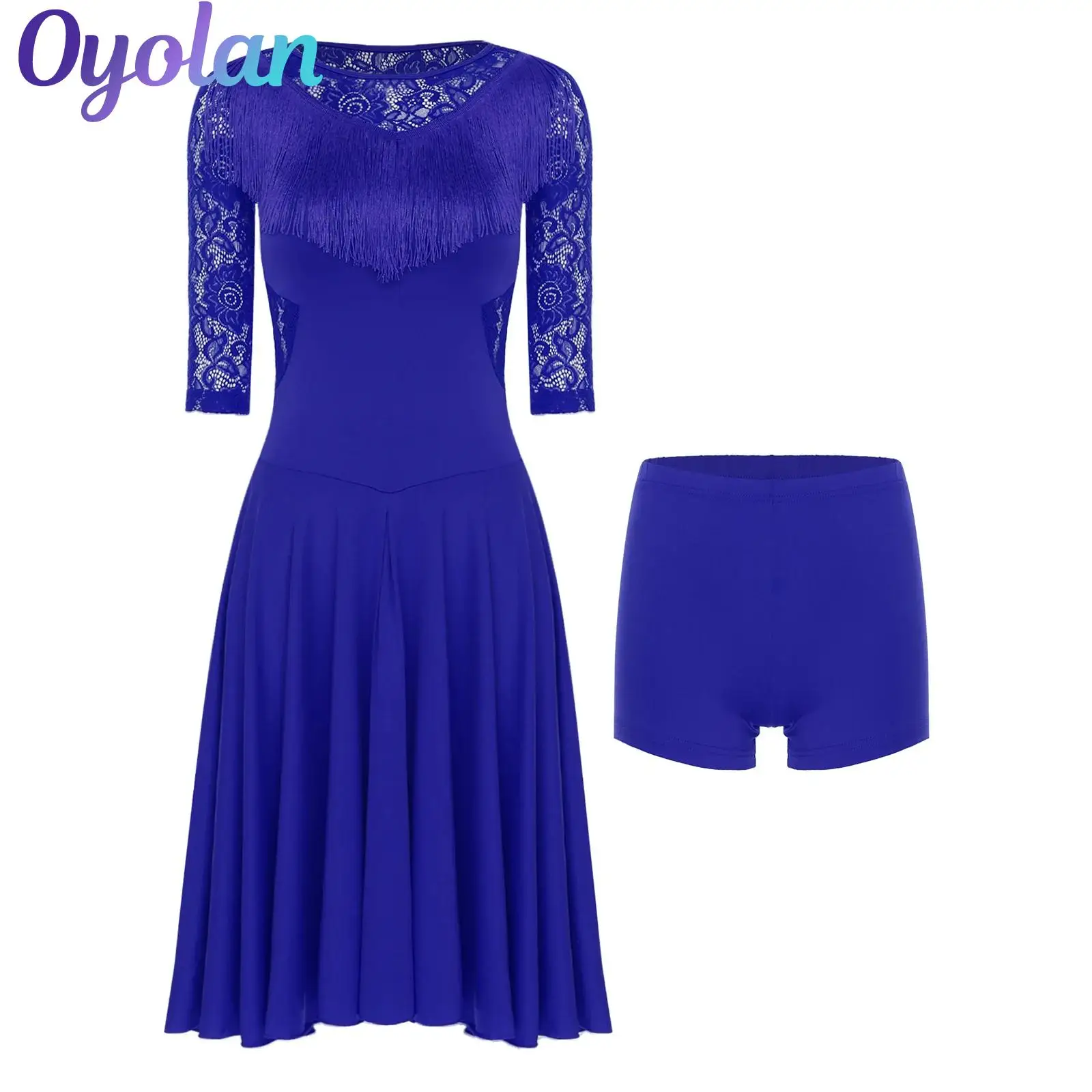 

Womens Samba Tango Latin Rumba Dance Dress with Safety Shorts Sheer Floral Lace Flowy Tassel 3/4 Sleeve Swing Dress with Shorts