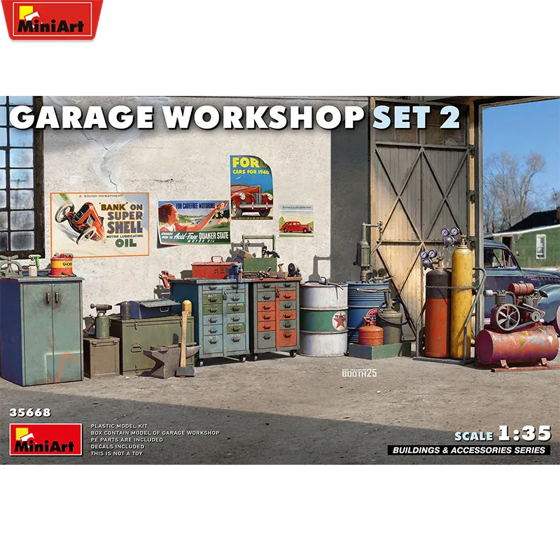 Miniart 1/35 Scale Plastic Model Kit Garage Workshop Set 2 Plastic Assembly Model 35668 Static Educational Toys