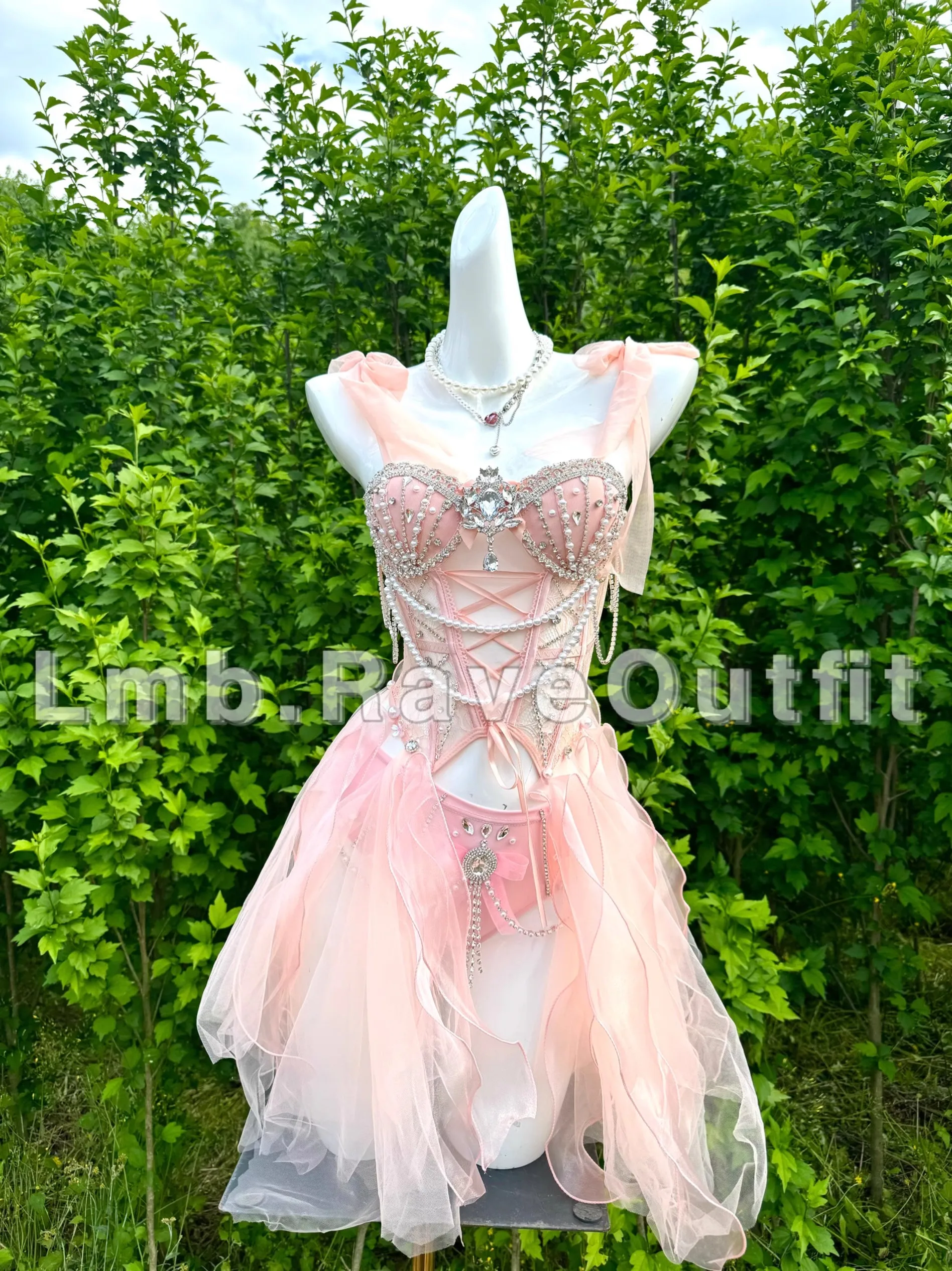 Light Pink Luxurious Tassel Shiny Diamond Bikini Dress Bar Nightclub Singer Dance Stage Wear Party Birthday Prom Rave Outfits