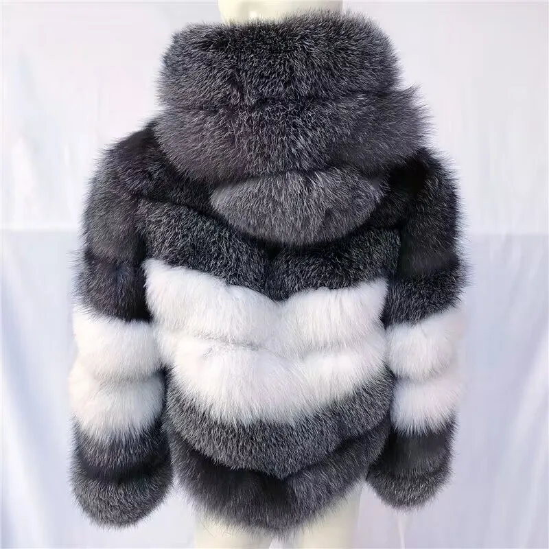 New Hooded True Fox Fur Coat Women\'s Fashion Silver Fox and Fox Hair Mixed Coat Natural Genuine Leather Grass Hooded Winter