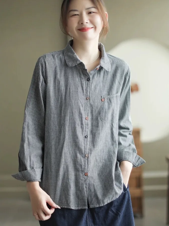 Low Profile Commuting Vertical Stripes Cotton irt Loose Long Sve Damen Faion Retro Sle Atmungsaktives, bequemes Oberteil