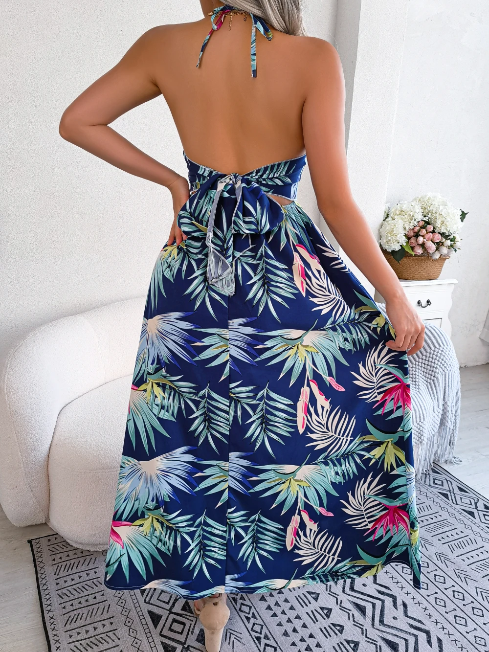 Boho Halter Neck Backless Split Tropical Print Maxi abito da vacanza al mare, abbigliamento donna