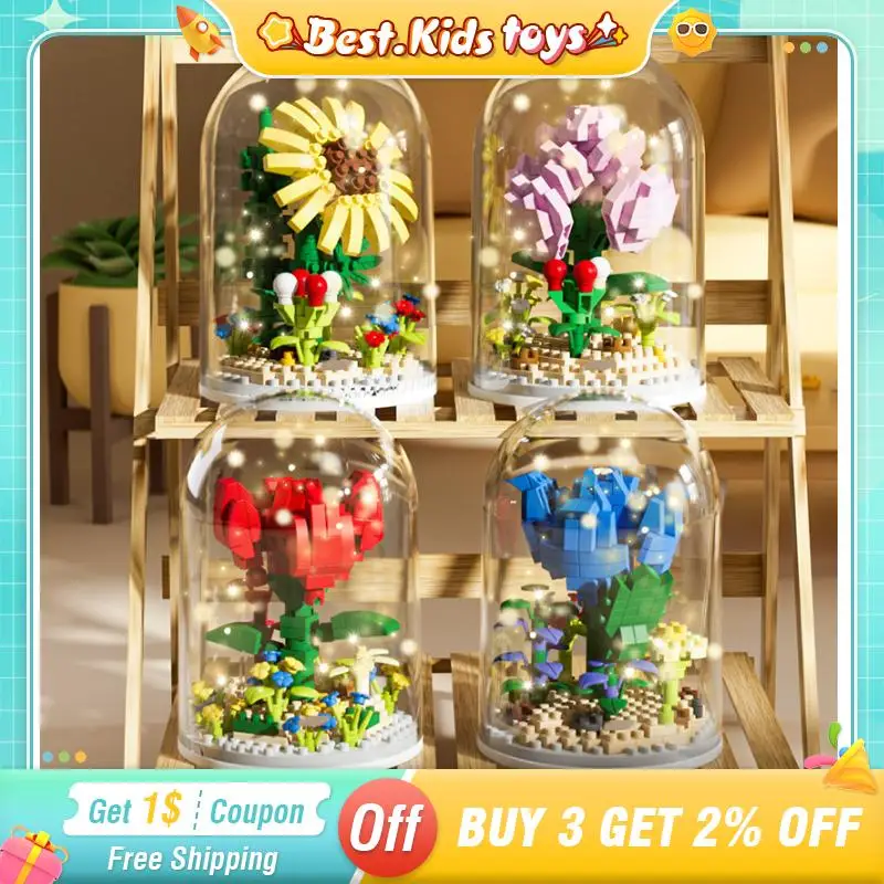 DIY Sunflower Flower Building Blocks With Dust Cover Toys Potted Eternal Flower Rose Block Home Decoration Kids Toys For Girls