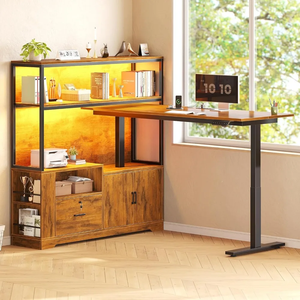 

56.7" L Shaped Standing Desk, Reversible Computer Office Desk with Drawers & Hutch, Stand Up Corner Gaming Desks, Customized