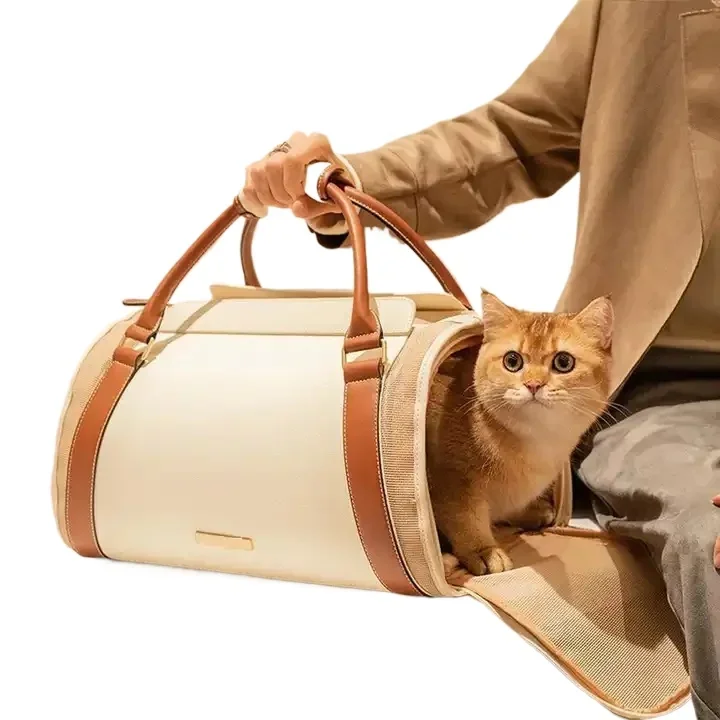 Leather Portable Cat Bag Canvas Fashionable Portable Breathable Pet Travel Box High-looking Large-capacity Travel Sac