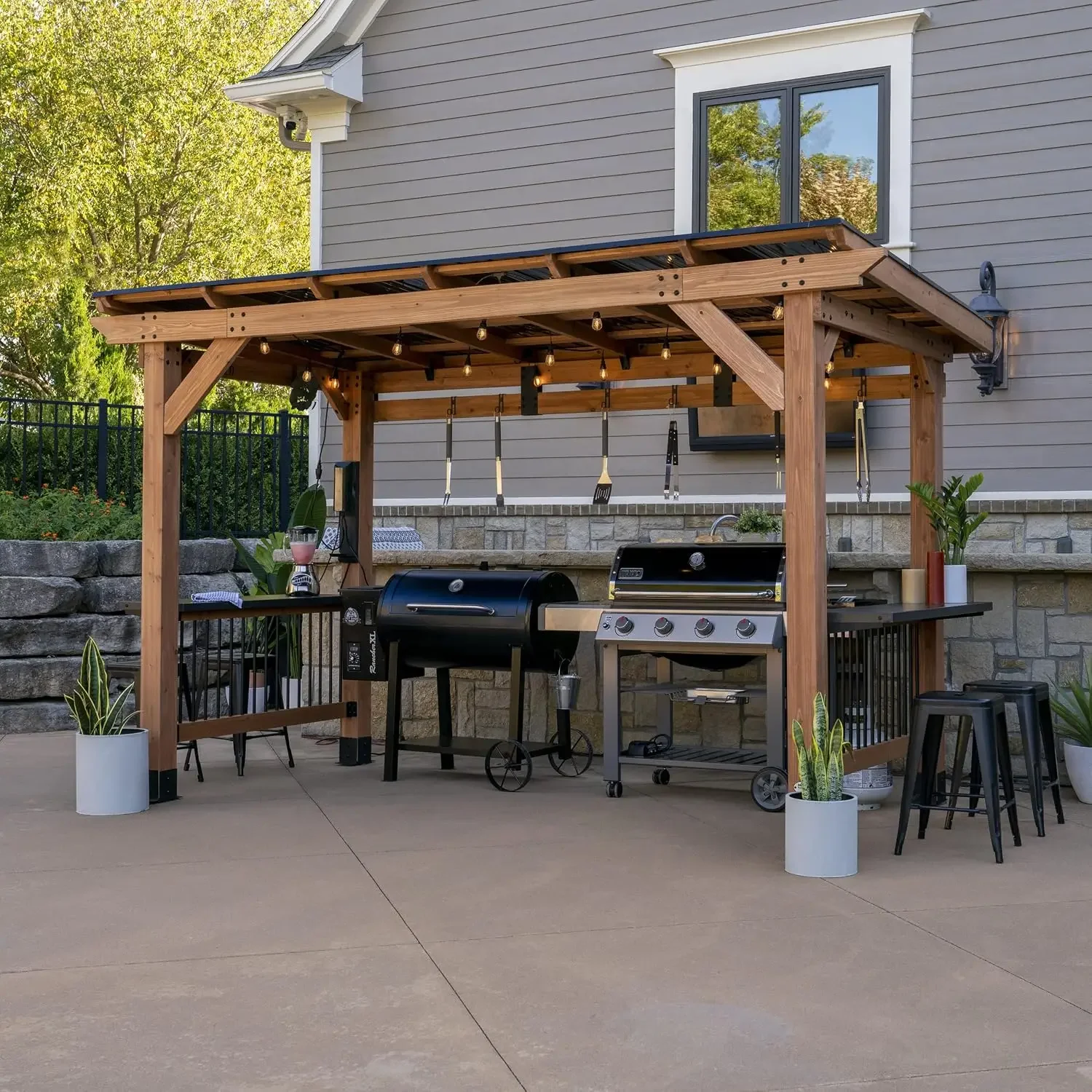 Saxony XL 12' x 6' Cedar Wood BBQ Grill Gazebo Pavilion with Hardtop Galvanized Steel Roof, Bar Tops, Powerport, Snow Support, W