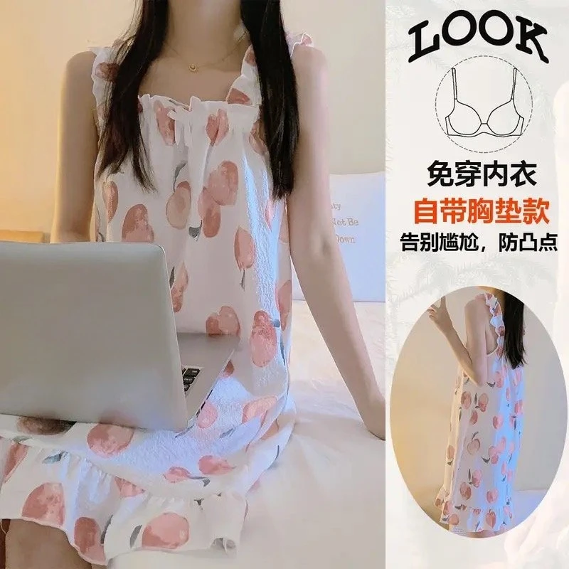 Students Camisole Dresses Summer Women Girls Padded Casual Nightgowns Ladies Loose Loungewear Lady Casual Sleepwear Breathable
