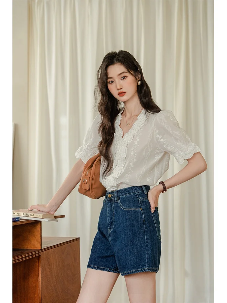 

Женский летний топ Ele Lace Bubble Sve из тонкого хлопка с коротким рукавом, V-образным вырезом, во французском стиле, прямого кроя, однотонный