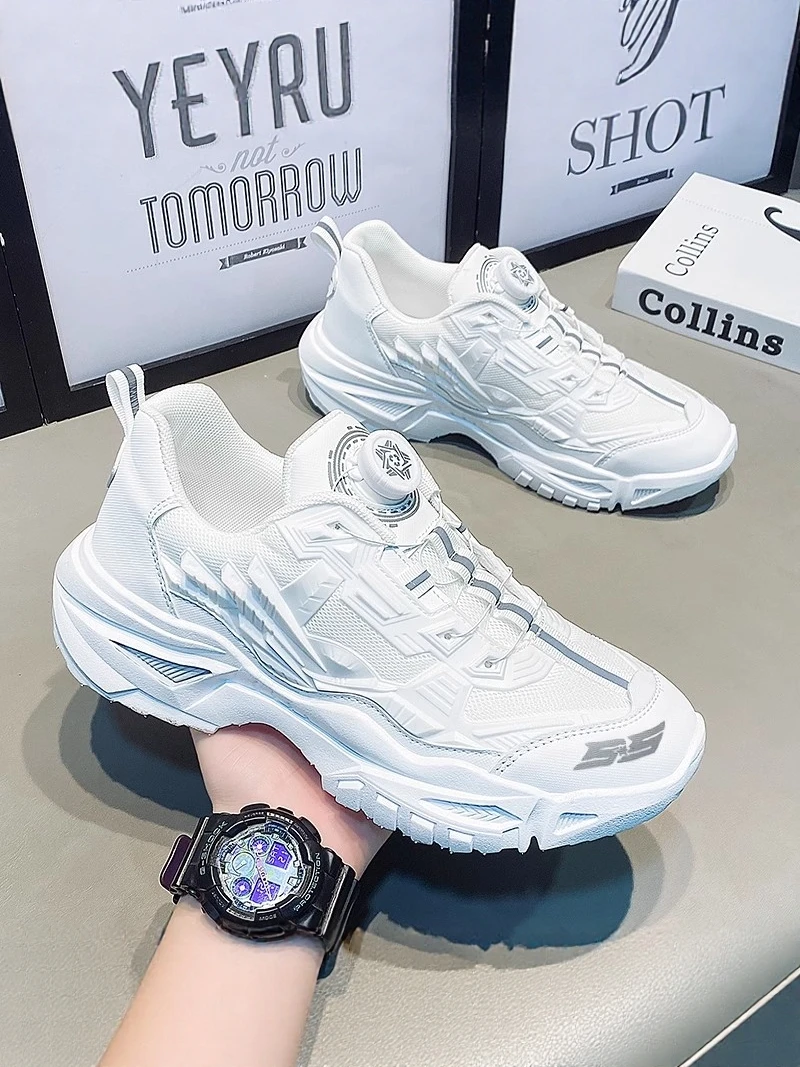 Men's Sporty Thick Bottom Heightening Casual Shoes Fall Season New Model Rotating Button Design Youth Leisure Mecha Dad Shoes