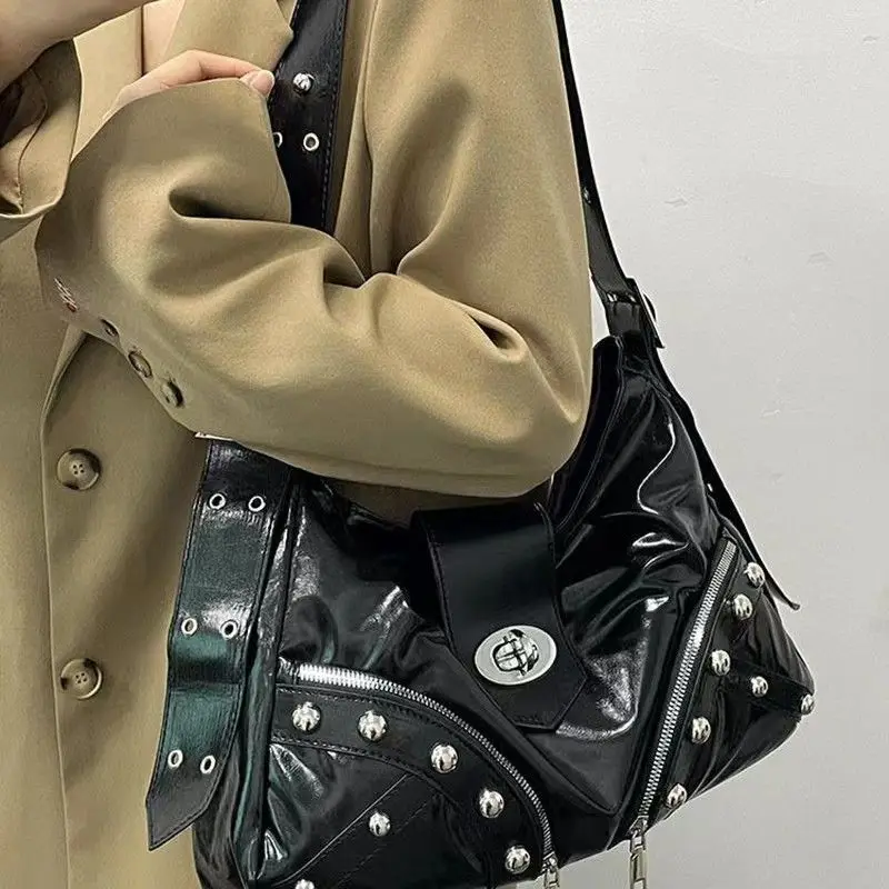 GAINNY Black Motorcycle Bags Women Punk Harajuku Fashion Designer Shoulder Bag Y2k 2024 Trendy Crossbody Bag Gothic Streetwear