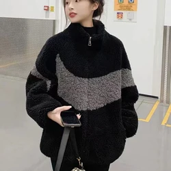 Plush and Thickened Stand Up Collar Women's New Korean Version Loose Casual Splicing Small Zipper Jacket for Women's Fashion