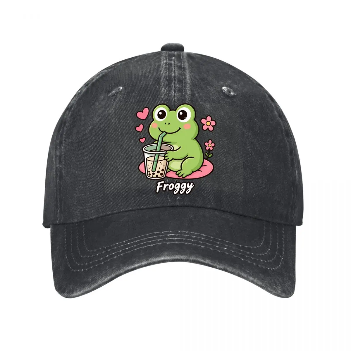 Froggy Drinking Bubble Tea With Hearts And Flowers Washed Baseball Cap Outdoor Hat