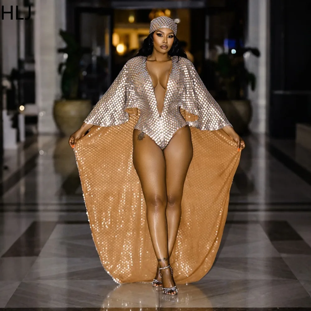 HLJ Women Metallic Foil Bodysuit 2 Piece Set Deep V Cape Sleeve One Piece Swimsuit with Matching Headscarf Resort Party Outfit
