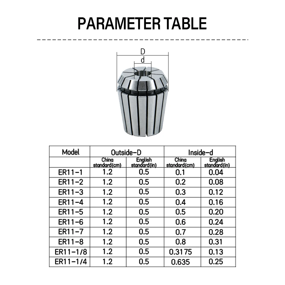 Alta precisão Primavera Collet Set para máquina de gravura CNC, Torno Mill Tool, ER11, 1/4 in, 6,35mm, 1 in, 8in, 3,175mm, 0,015, 1PC