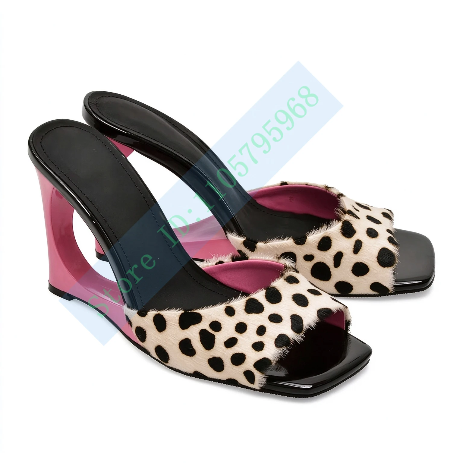 Spot Faux Horsehair Cut Out Wedge Mules Polka Dots Print Square Toe Sculptural Wedge Heel Slippers Zebra Slip On Summer Shoes