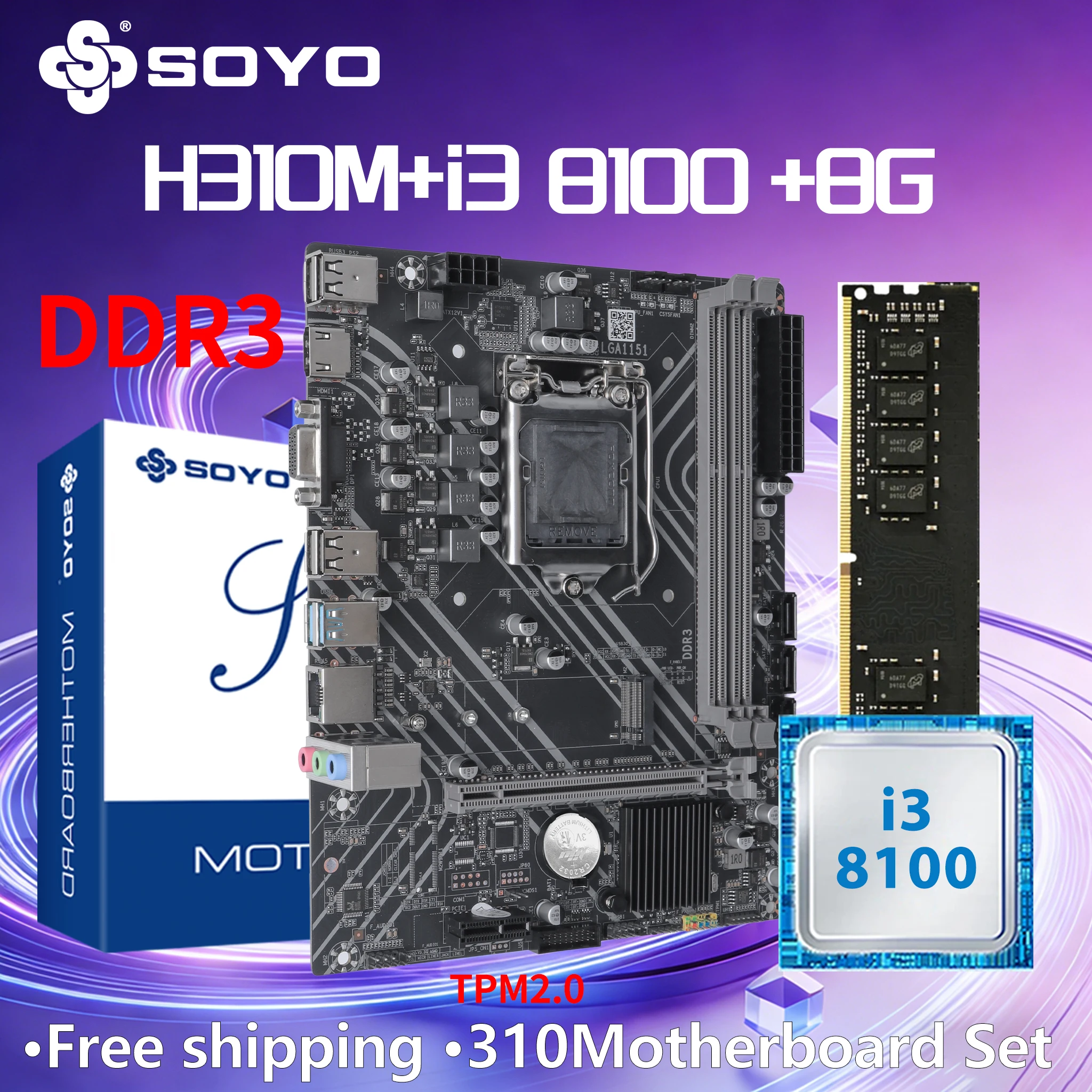 Placa base SOYO H310M DDR3, CPU i3 8100, 8G RAM, Intel LGA1151, TPM2.0, Kit combinado de ordenador Xeon, PC GAME PCIE3.0*16, placa base de escritorio