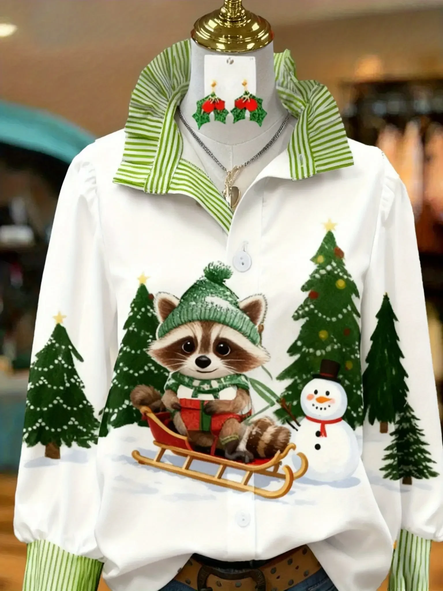  Women's top for spring, autumn, and winter, women's standing collar long sleeved shirt with delicate printed pattern of raccoon