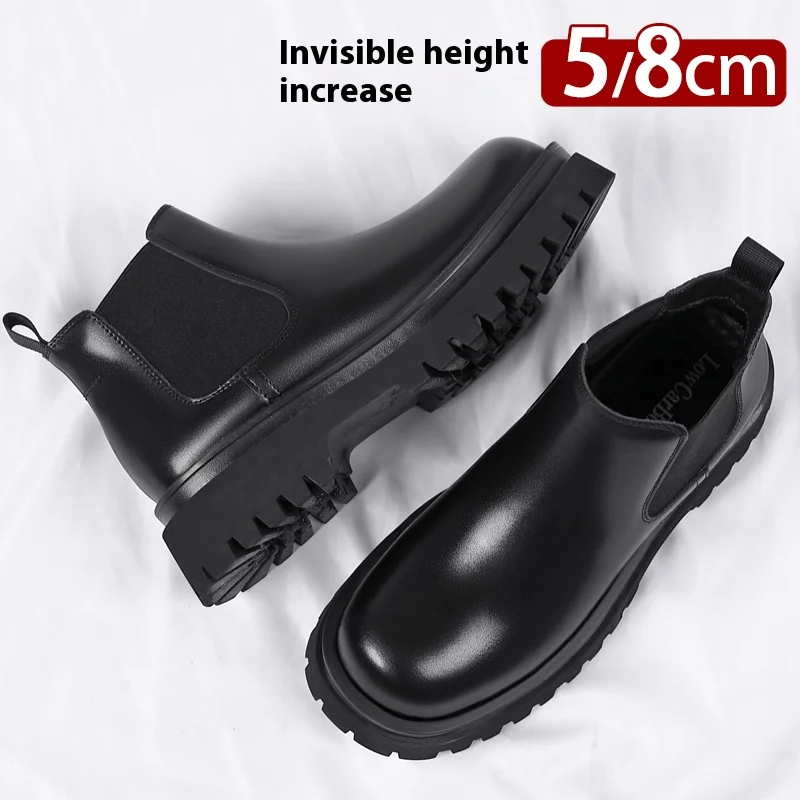 

Зимние мужские ботинки-лифты с термофлисовой подкладкой из коровьей кожи, мотоциклетные ботильоны на толстой платформе со скрытой внутренней высотой 8 см