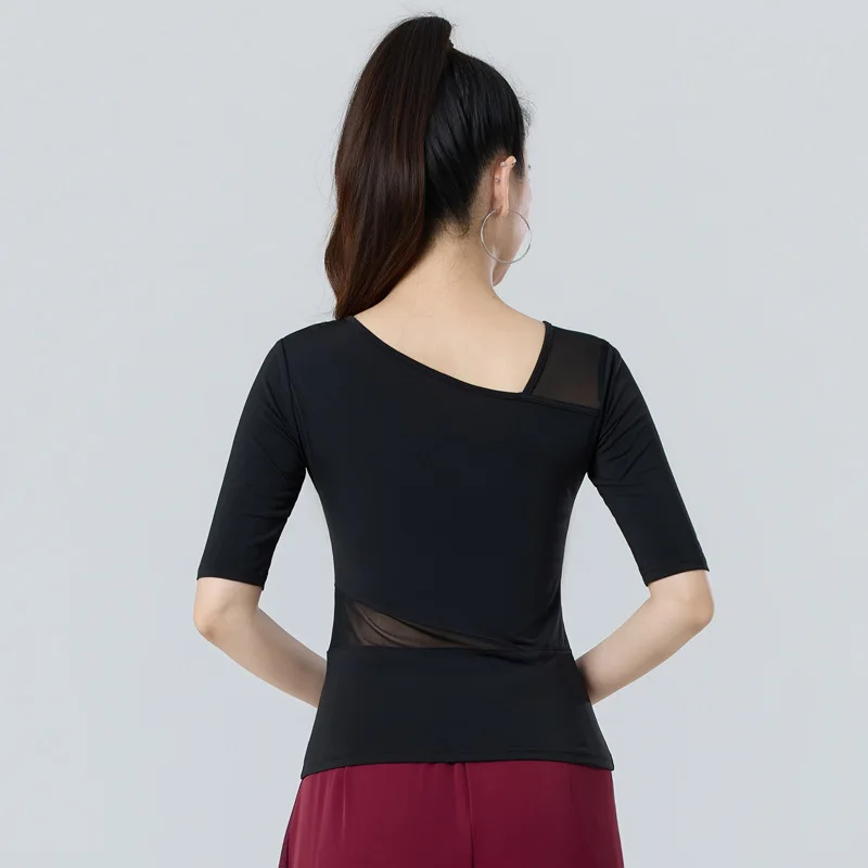 เสื้อเต้นรำละตินสำหรับผู้ใหญ่และผู้หญิง ชุดซ้อมเต้นรำบอลรูมแบบโมเดิร์นแซมบ้า ผ้าตาข่าย ชุดเต้นรำมาตรฐานสากล