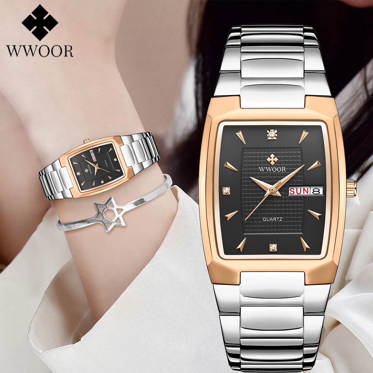 WWOOR-Montre habillée étanche en acier inoxydable pour femme, montres carrées pour femme, montre-bracelet à quartz de luxe, marque supérieure