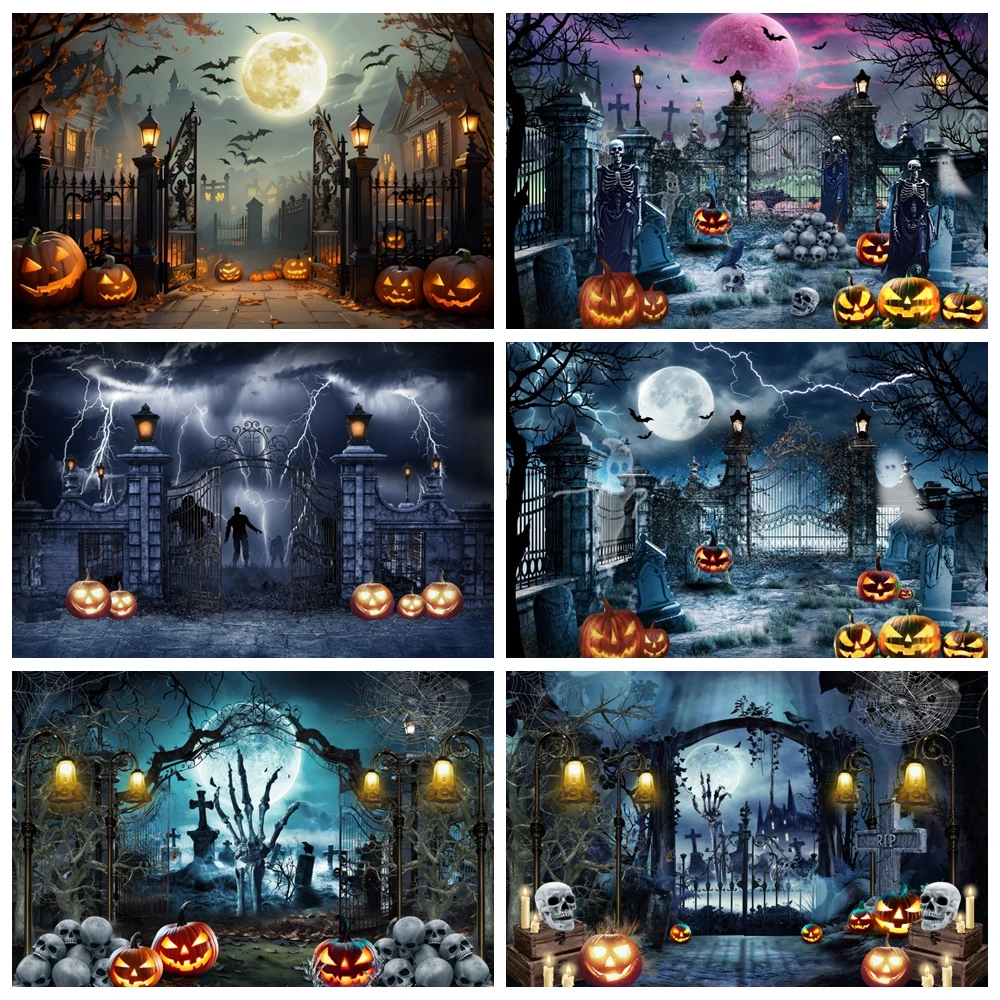 Horror Halloween Photography Backgrounds Moon Night Castle Forest Pumpkin Lantern Skeleton Family Party Decoration Backdrops