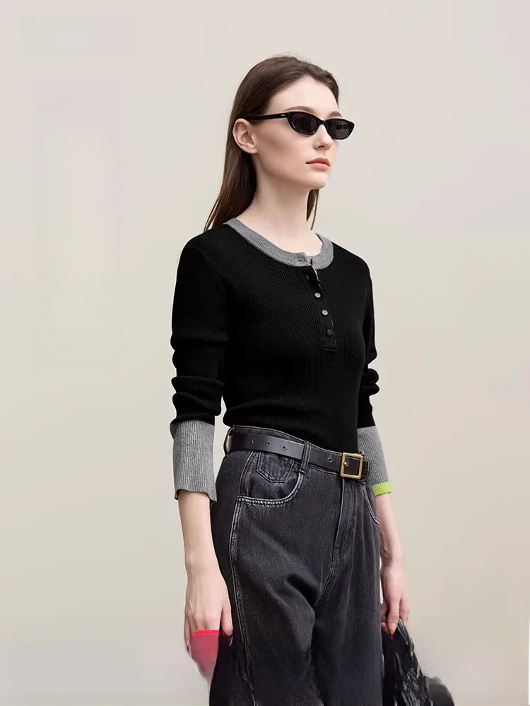 

Spring New Sle Women's Slim Fit Knitted Sweater round Ne f Open Button Design Color Blo Long Sve Casual Top